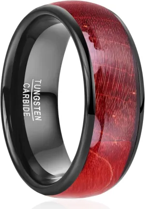 NUNCAD Black Tungsten Rings for Men Red Burl Wood Inlay 8mm Tungsten Engagement Wedding Band Polished Domed Comfort Fit Size 7-12