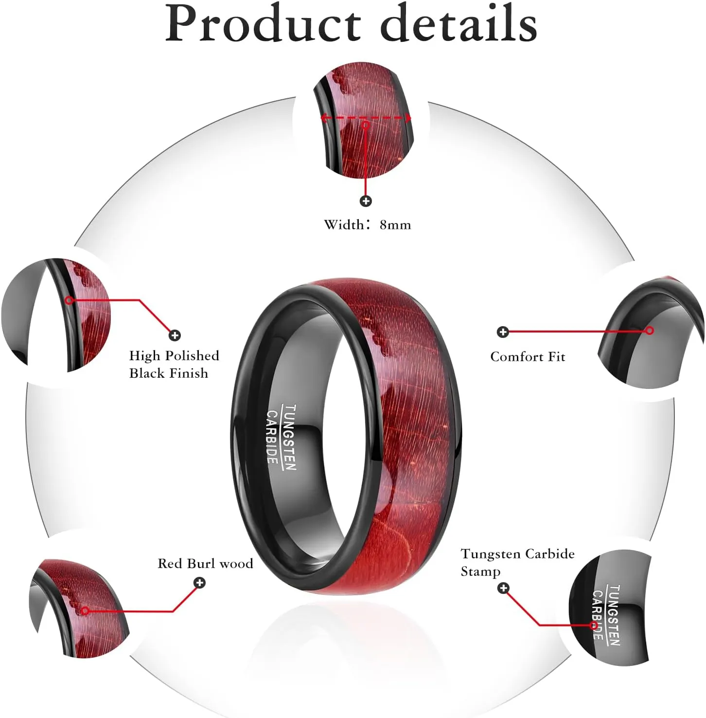NUNCAD Black Tungsten Rings for Men Red Burl Wood Inlay 8mm Tungsten Engagement Wedding Band Polished Domed Comfort Fit Size 7-12