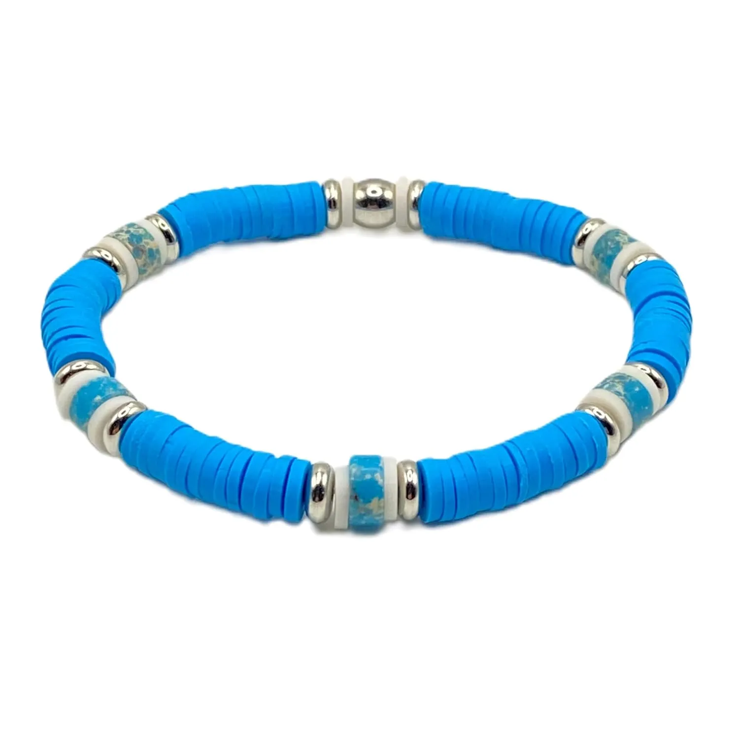 Ocean Splendor: Blue Polymer Clay Heishi Bracelet with Silver Accents and Dyed Imperial Jasper Stones Bracelet for Summer Beach Boho Friendship