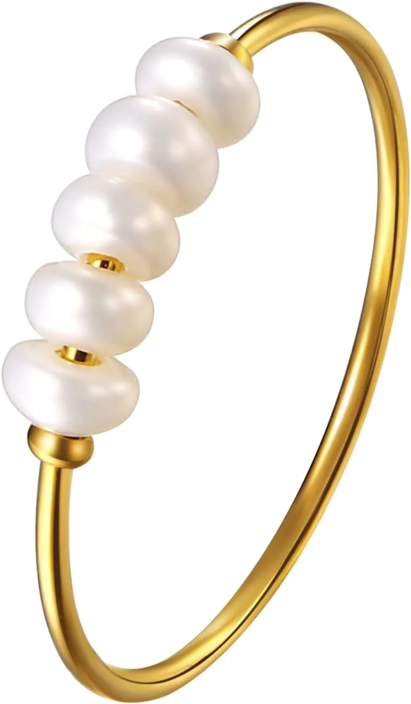 OIDEA Gold Pearl Ring for Women: Simple Dainty Gold Stackable Rings Stainless Steel Pinky Thumb Ring Statement Wedding Ring Band Christmas Holiday Gifts, Size 5-9