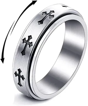 OIDIMS Cross Fidget Spinner Ring for Women Men Anxiety Stress Relief Rotate Freely Inspirations Stainless Steel Band Wedding Promise Engagement Couple Ring Jewelry Gifts Birthday Anniversary Bff