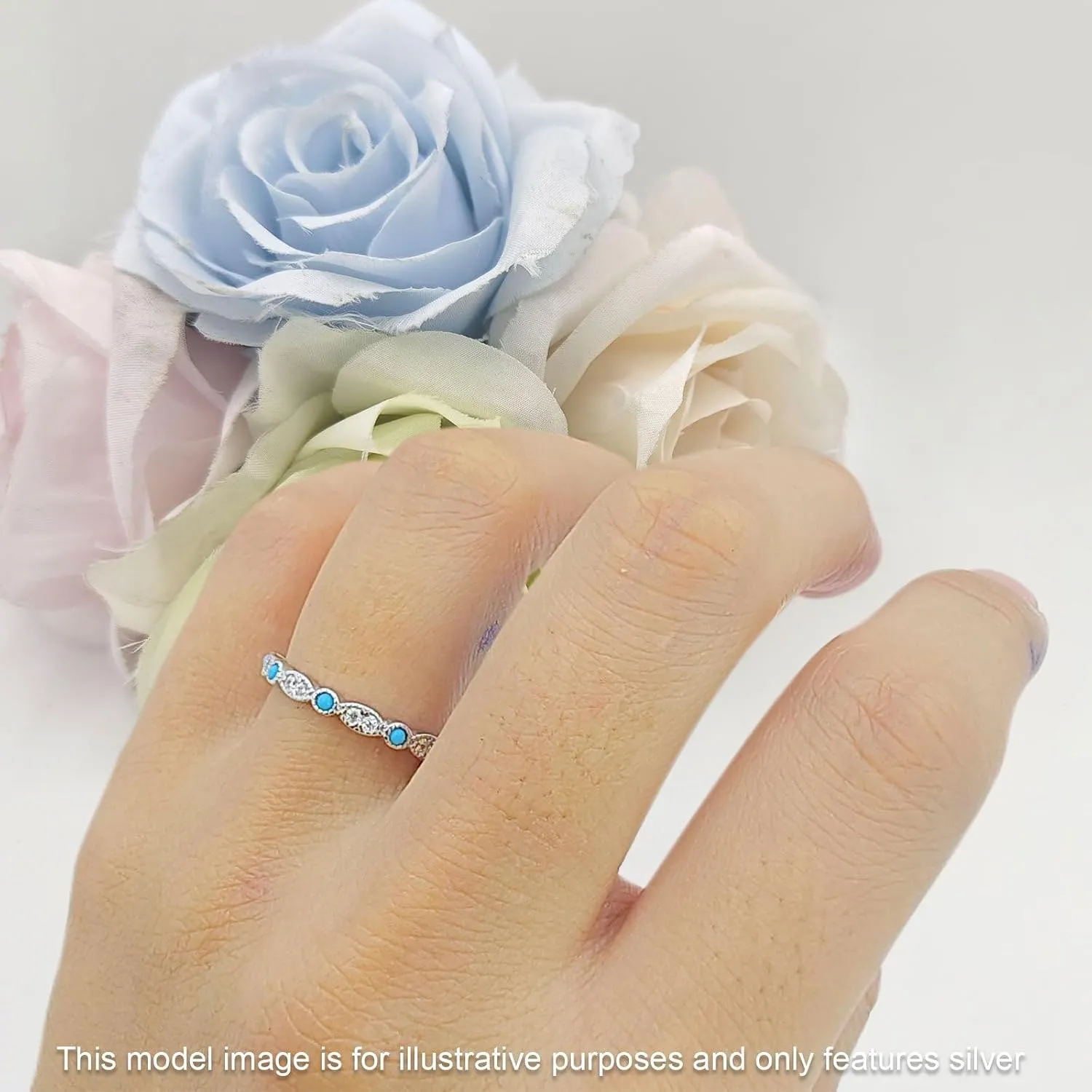 OMRANII Art Deco Marquise Round Simulated Turqouise Minimalist Full Eternity Dainty Stackable Band 2.6mm Vintage Style Cubic Zirconia Wedding Band 925 Sterling Silver