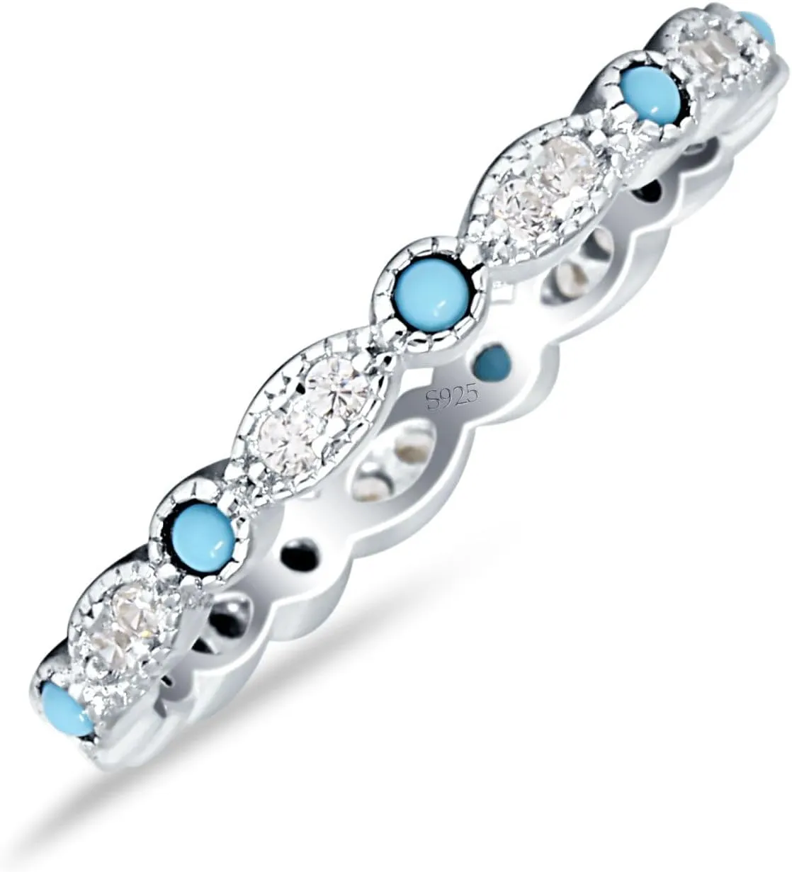 OMRANII Art Deco Marquise Round Simulated Turqouise Minimalist Full Eternity Dainty Stackable Band 2.6mm Vintage Style Cubic Zirconia Wedding Band 925 Sterling Silver
