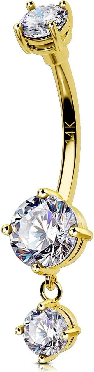 OUFER Belly Button Rings, 14K Solid Gold Belly Rings, Dangle Belly Button Piercing, 14G Belly Piercing Jewelry, Clear CZ Navel Rings, Heart Belly Rings for Women Men