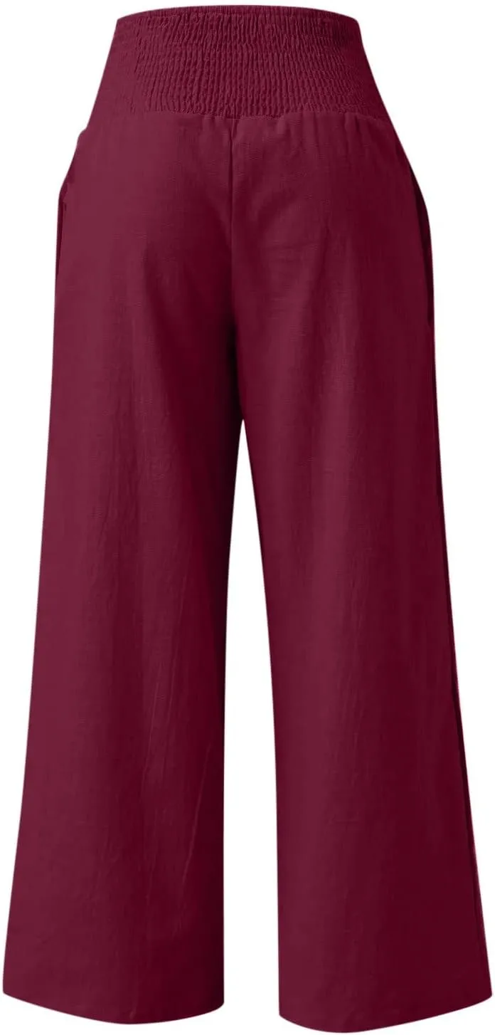 Palazzo Pants for Women Petite Summer Casual Wide Leg High Waist Linen Pants with Pockets 2025 Beach Vacation Outfit