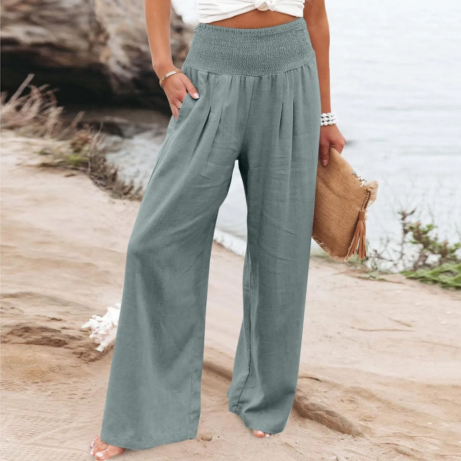 Palazzo Pants for Women Petite Summer Casual Wide Leg High Waist Linen Pants with Pockets 2025 Beach Vacation Outfit