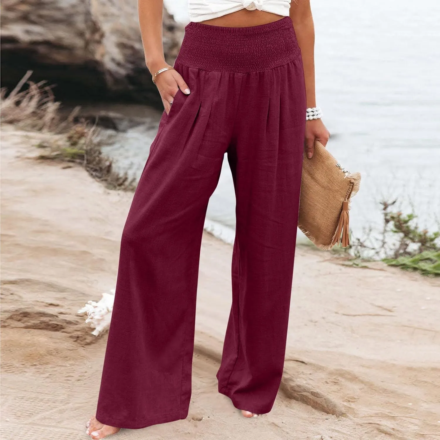 Palazzo Pants for Women Petite Summer Casual Wide Leg High Waist Linen Pants with Pockets 2025 Beach Vacation Outfit