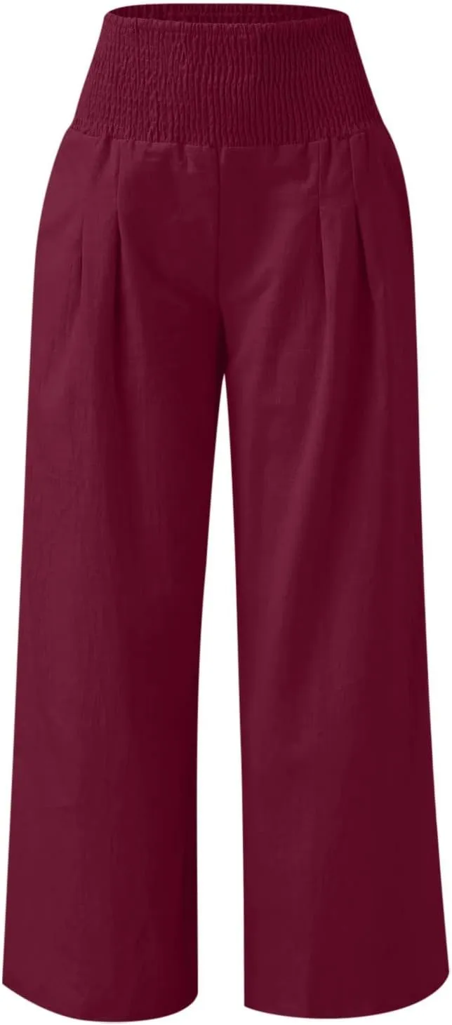 Palazzo Pants for Women Petite Summer Casual Wide Leg High Waist Linen Pants with Pockets 2025 Beach Vacation Outfit