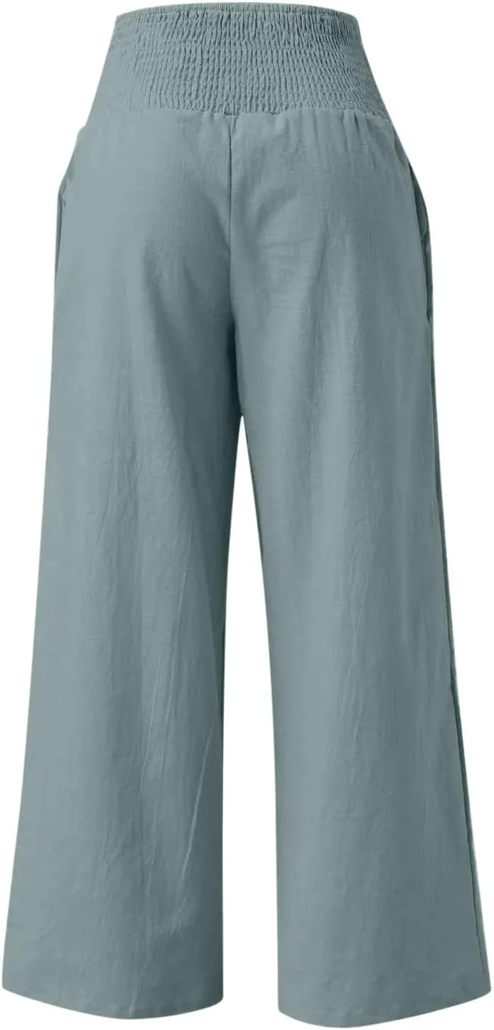 Palazzo Pants for Women Petite Summer Casual Wide Leg High Waist Linen Pants with Pockets 2025 Beach Vacation Outfit