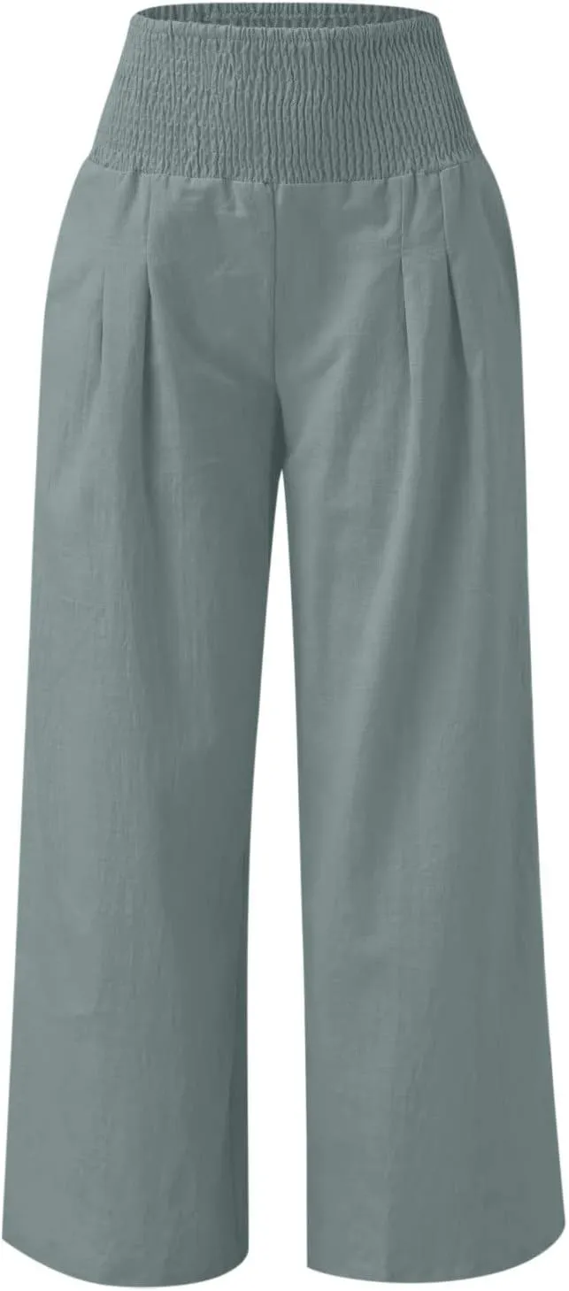 Palazzo Pants for Women Petite Summer Casual Wide Leg High Waist Linen Pants with Pockets 2025 Beach Vacation Outfit
