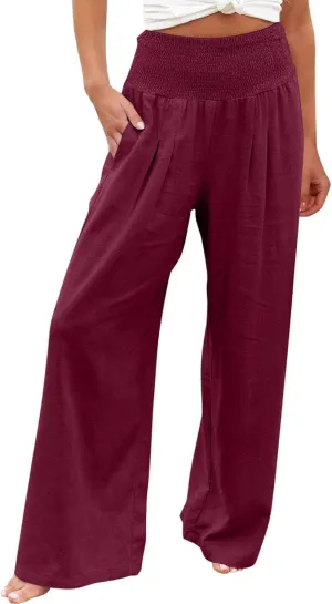 Palazzo Pants for Women Petite Summer Casual Wide Leg High Waist Linen Pants with Pockets 2025 Beach Vacation Outfit