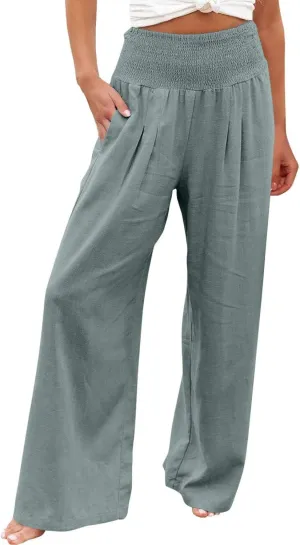 Palazzo Pants for Women Petite Summer Casual Wide Leg High Waist Linen Pants with Pockets 2025 Beach Vacation Outfit