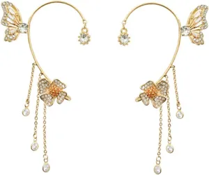 PartyKindom 1 Pair Stylish Ear Cuff Clips for Women Flower Design Fashionable Ear Wraps for Daily Wear Festivals Eye Catching Tone with Dangle Tassels for Any Outfit