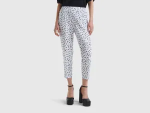 Patterned Cropped Tapered Fit White Linen Trousers