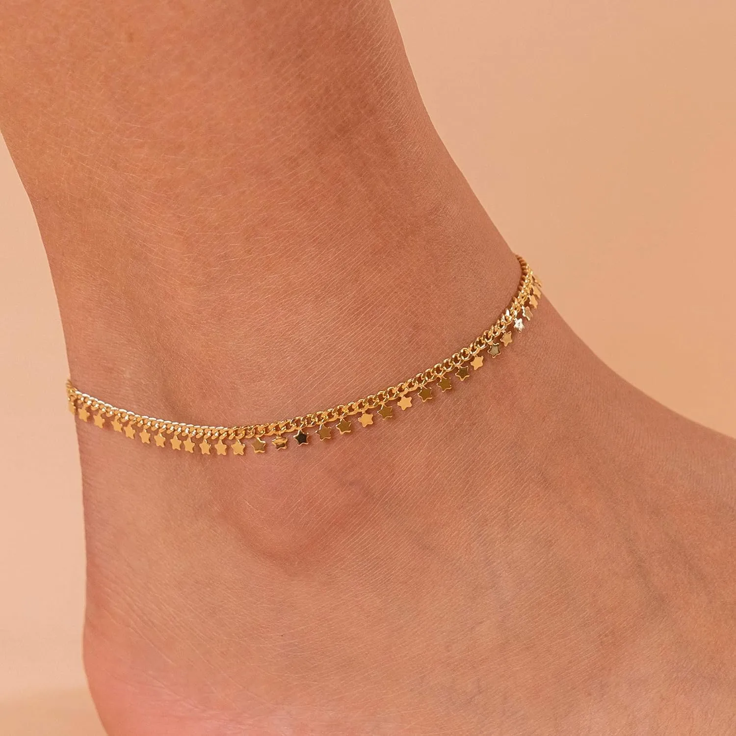 PAVOI 14K Gold Plated Charm Link Chain Anklets for Women | Dainty Cubic Zirconia Boho Dot Evil Eye Star Station Solitaire Pearl Beaded Festival Adjustable Gold Anklets