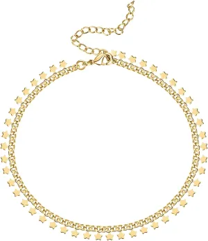 PAVOI 14K Gold Plated Charm Link Chain Anklets for Women | Dainty Cubic Zirconia Boho Dot Evil Eye Star Station Solitaire Pearl Beaded Festival Adjustable Gold Anklets