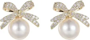 Pearl Bow Earrings for Women, Trendy Gold Bowknot Stud Earrings, Cute Dangle Drop Jewelry, Wedding, Party, Daily Accessories, Coquette Gifts for Women