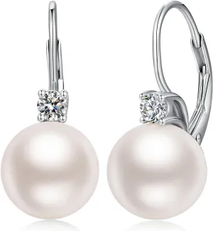 Pearl Dangle Drop Earrings for Women 925 Sterling Silver Pearl Leverback Earrings Cubic Zirconia Pearl Dangling Earrings 10MM