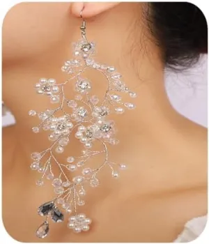 Pearl Flower Crystal Rhinestone Dangle Drop Earrings Silver Plated Long Dangle Drop Earrings for Women Wedding Party Earrings