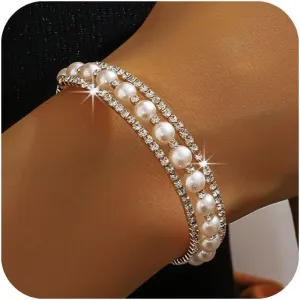Pearl Stretch Cuff Bracelet for Women Adjustable Rhinestone Crystal Bracelet Wedding Party Brides Bridesmaid Jewelry