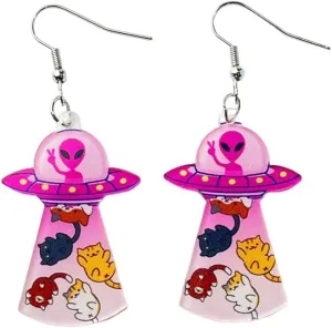 Pink Alien Spaceship Dangle Hook Earrings for Women Acrylic Novelty Funny Cute Cartoon Cat Animal Drop Earring Lightweight UFO Cosmos Weird Airship Flying Saucer Halloween Costume Party Jewelry Space Lovers Gifts
