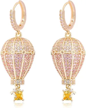 Pink Hot Air Balloon Earrings for Women Sweet Cubic Zirconia Hot Air Balloon Hoop Huggie Earrings Dangle Sparkly CZ Balloon Statement Earrings Elegant Drop Balloon Party Jewelry Gift for Women