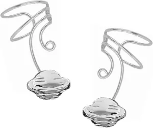 Planet Saturn Pair Non-pierced Wave Ear Cuff Earrings Rhodium on Sterling Silver