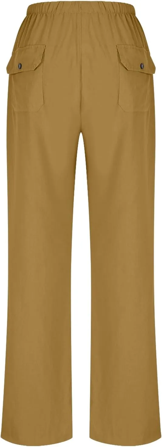 Plus Size Cotton Linen Pants Women Dressy Casual Elastic High Waisted Slacks Summer Trousers with Pockets
