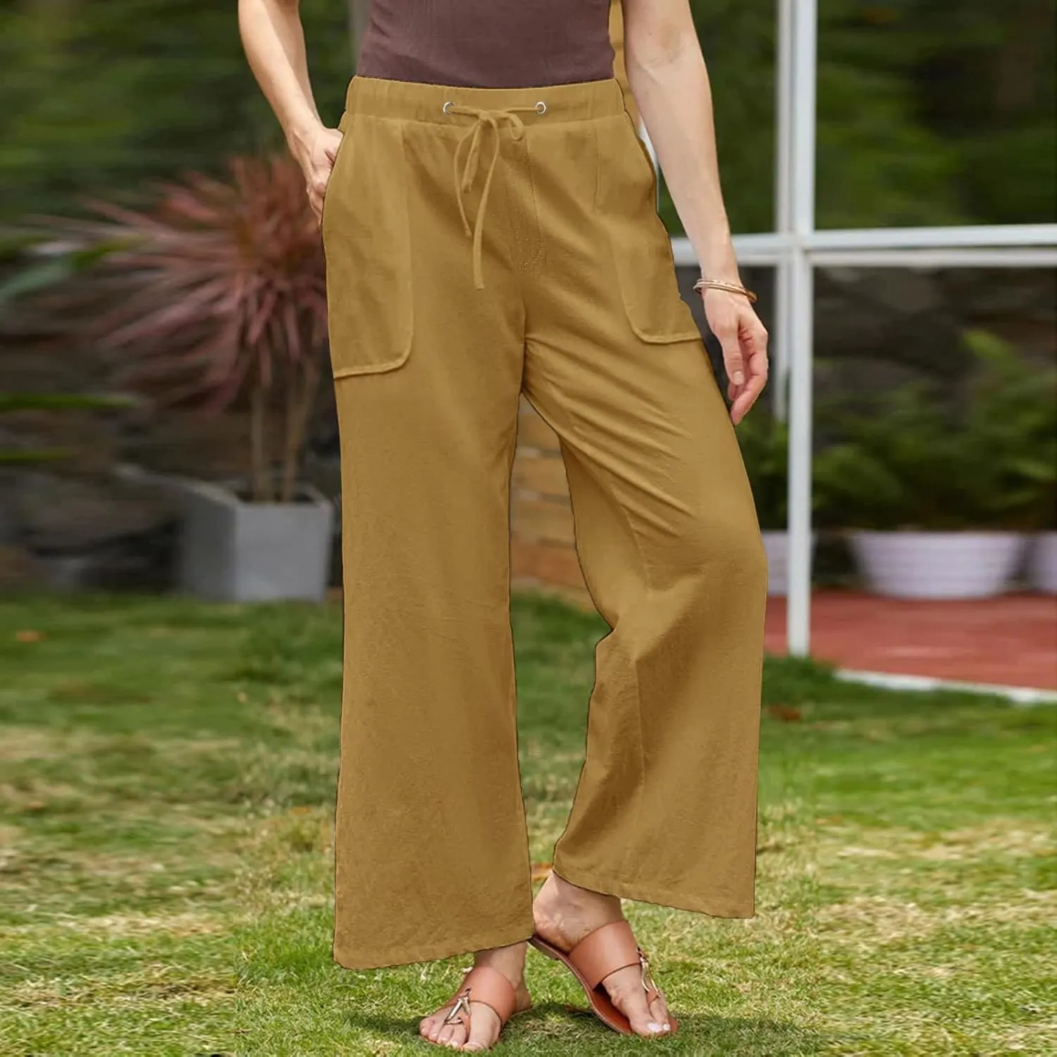 Plus Size Cotton Linen Pants Women Dressy Casual Elastic High Waisted Slacks Summer Trousers with Pockets