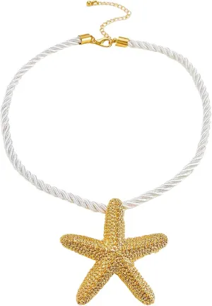 POYAMUSE Elegant Beach-Inspired Starfish Necklace for Women, Chunky Rope Choker Necklace with Gold Starfish Pendant, Seaside Necklace Jewelry for Summer Vacations and Coastal Getaways