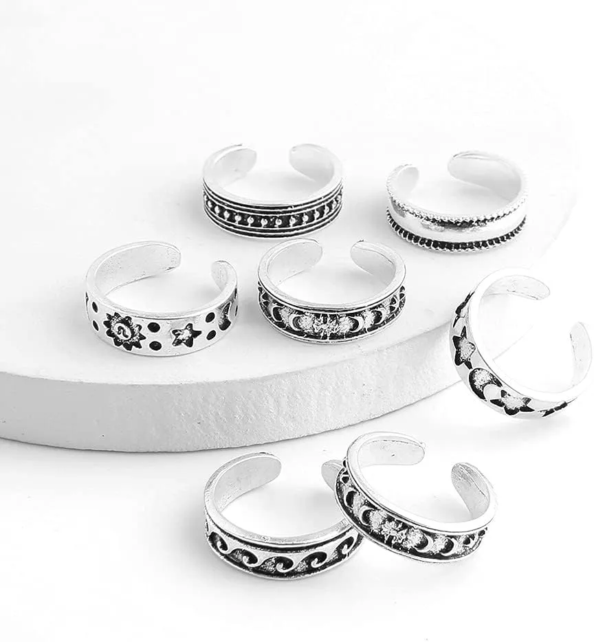 POYAMUSE Toe Rings with Sun, Moon and Star Patterns - Bohemian Knuckle Rings Set - Adjustable Opening Toe Rings for Women Beachy Barefoot Sandal Jewelry