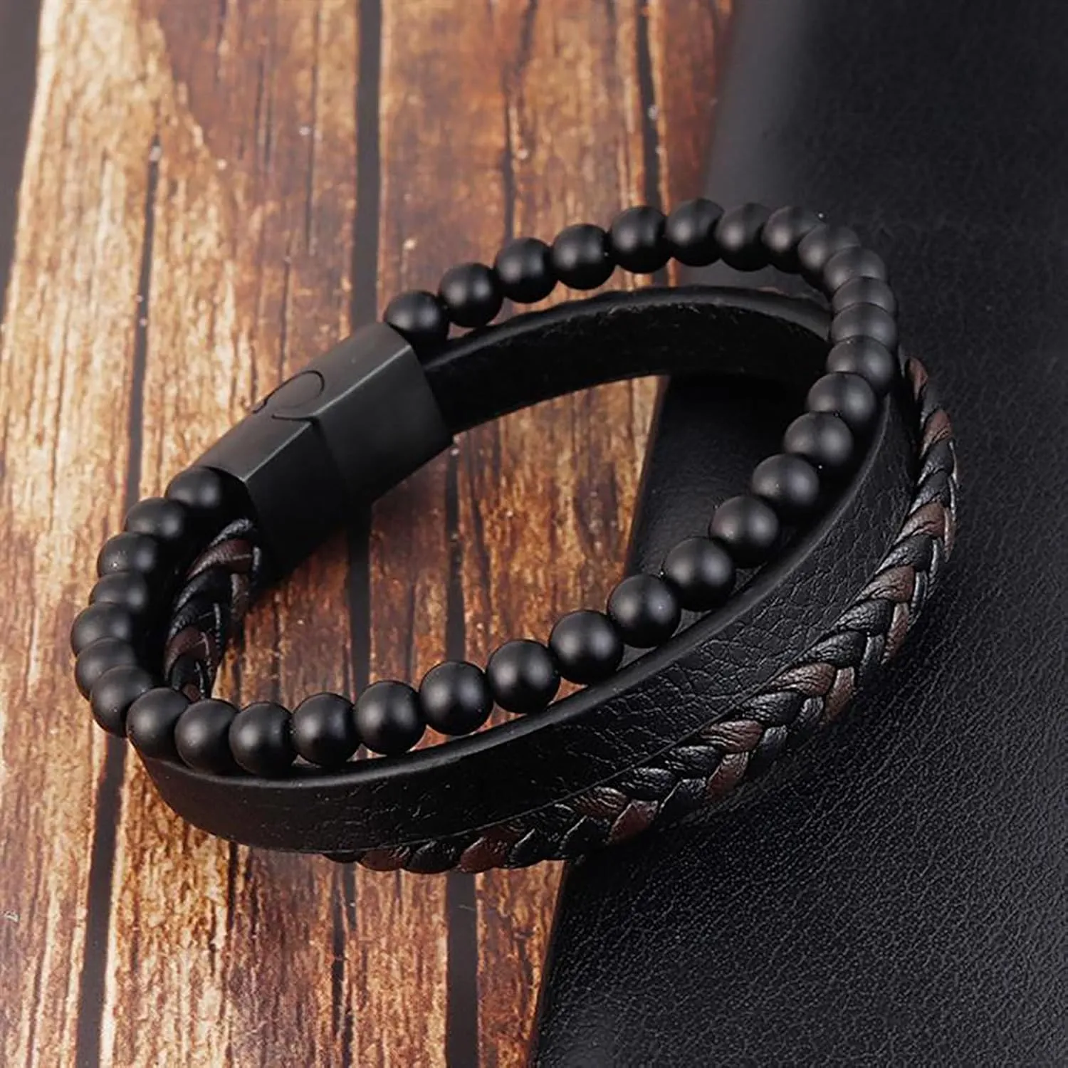Preliminary Calming Bracelet for Men, Volcanic Stone Natural Agate Stone Braided Leather Beaded Bracelet - Meditation Anti Anxiety Stress Relief Jewelry