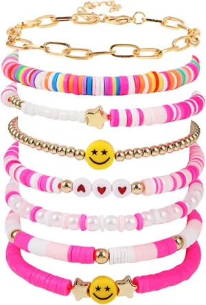 Preppy Heishi Surfer Bracelets Set, Colorful White Gold Smile Heart Star Evil Eye Beaded Polymer Clay Pearl Stackable Charm Y2K Kidcore Aesthetic Summer Beach Jewelry for Women Girls Teens