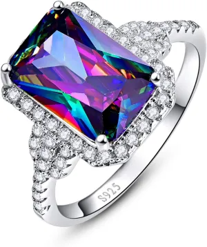 Promise Rings for Her, 925 Sterling Silver Ring 8x12mm Simulated Mystic Rainbow Topaz CZ Halo Engagement Rings for Women