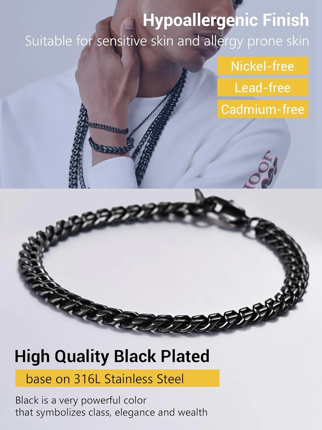 PROSTEEL Stainless Steel Bracelet for Men Women, Stylish Cuban Link Bracelets, Black/18K Gold Plated, W:4.8mm/6mm/10mm/14mm, L:19cm/21cm, Come Box