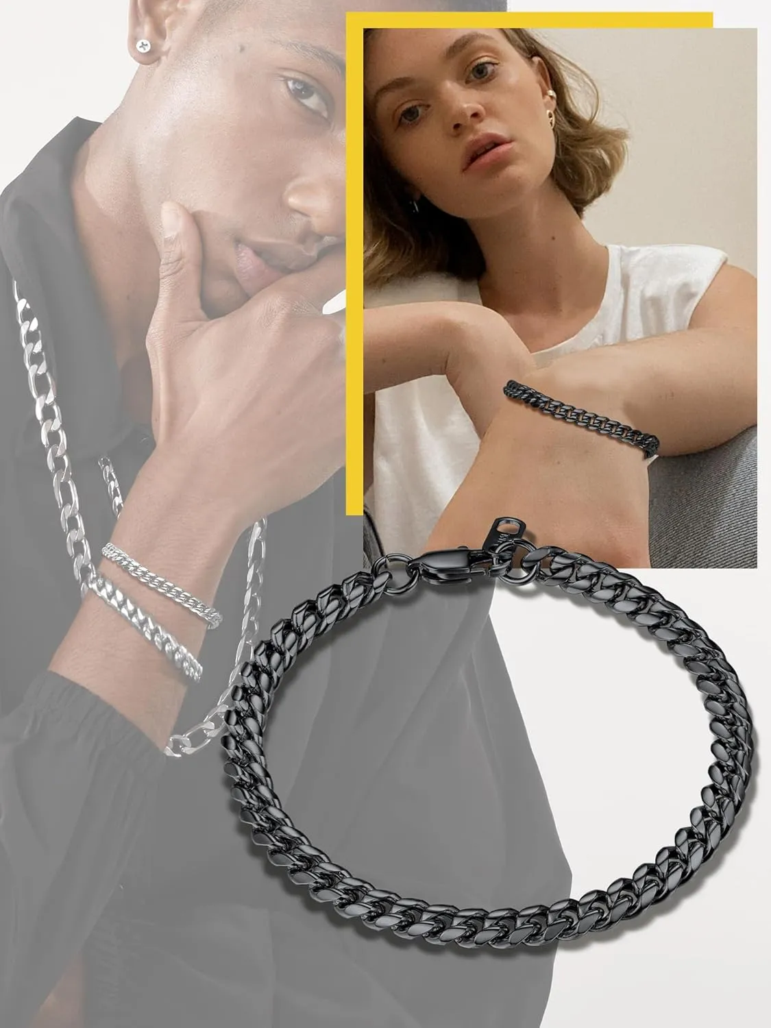 PROSTEEL Stainless Steel Bracelet for Men Women, Stylish Cuban Link Bracelets, Black/18K Gold Plated, W:4.8mm/6mm/10mm/14mm, L:19cm/21cm, Come Box