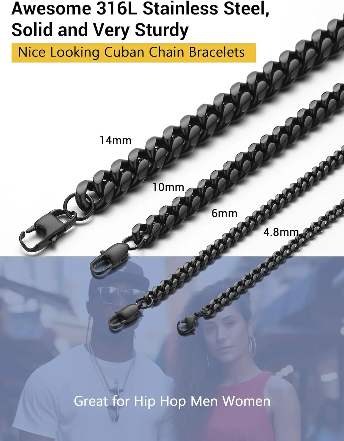 PROSTEEL Stainless Steel Bracelet for Men Women, Stylish Cuban Link Bracelets, Black/18K Gold Plated, W:4.8mm/6mm/10mm/14mm, L:19cm/21cm, Come Box