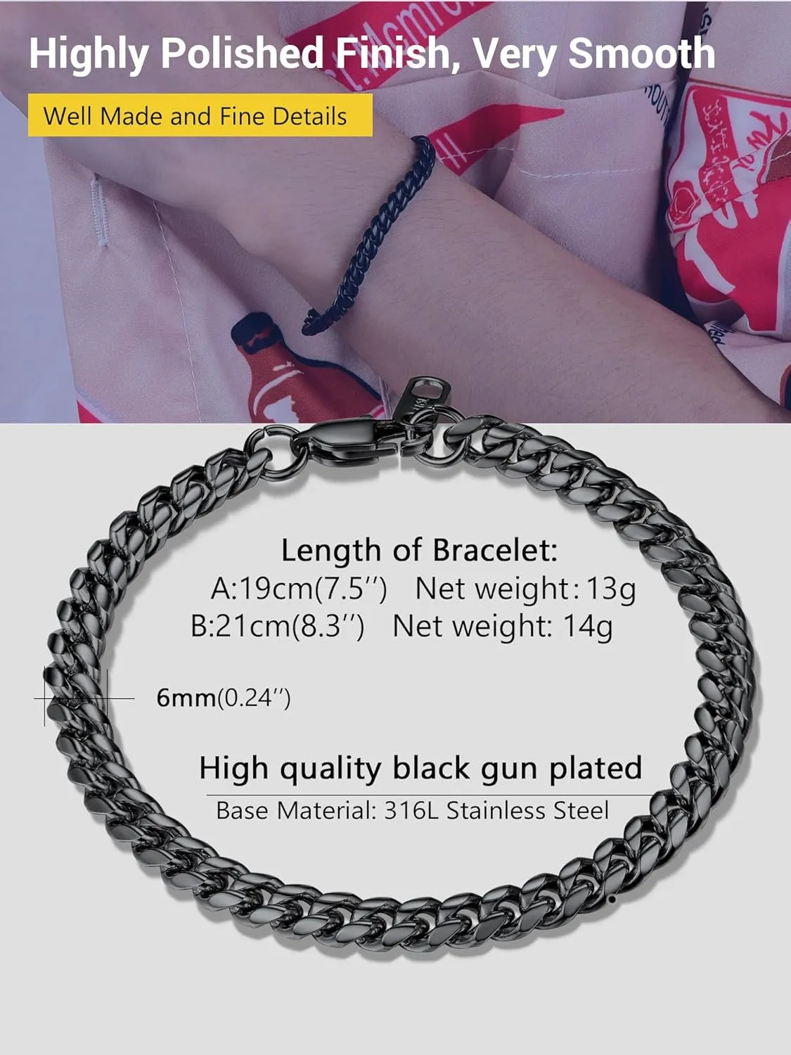 PROSTEEL Stainless Steel Bracelet for Men Women, Stylish Cuban Link Bracelets, Black/18K Gold Plated, W:4.8mm/6mm/10mm/14mm, L:19cm/21cm, Come Box