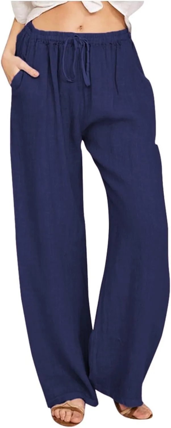 PTOLOCIF Cotton Linen Pants Women,Wide Leg Harem Pants Loose Elastic Waist Palazzo Pants Comfy Lounge Baggy Sweatpants