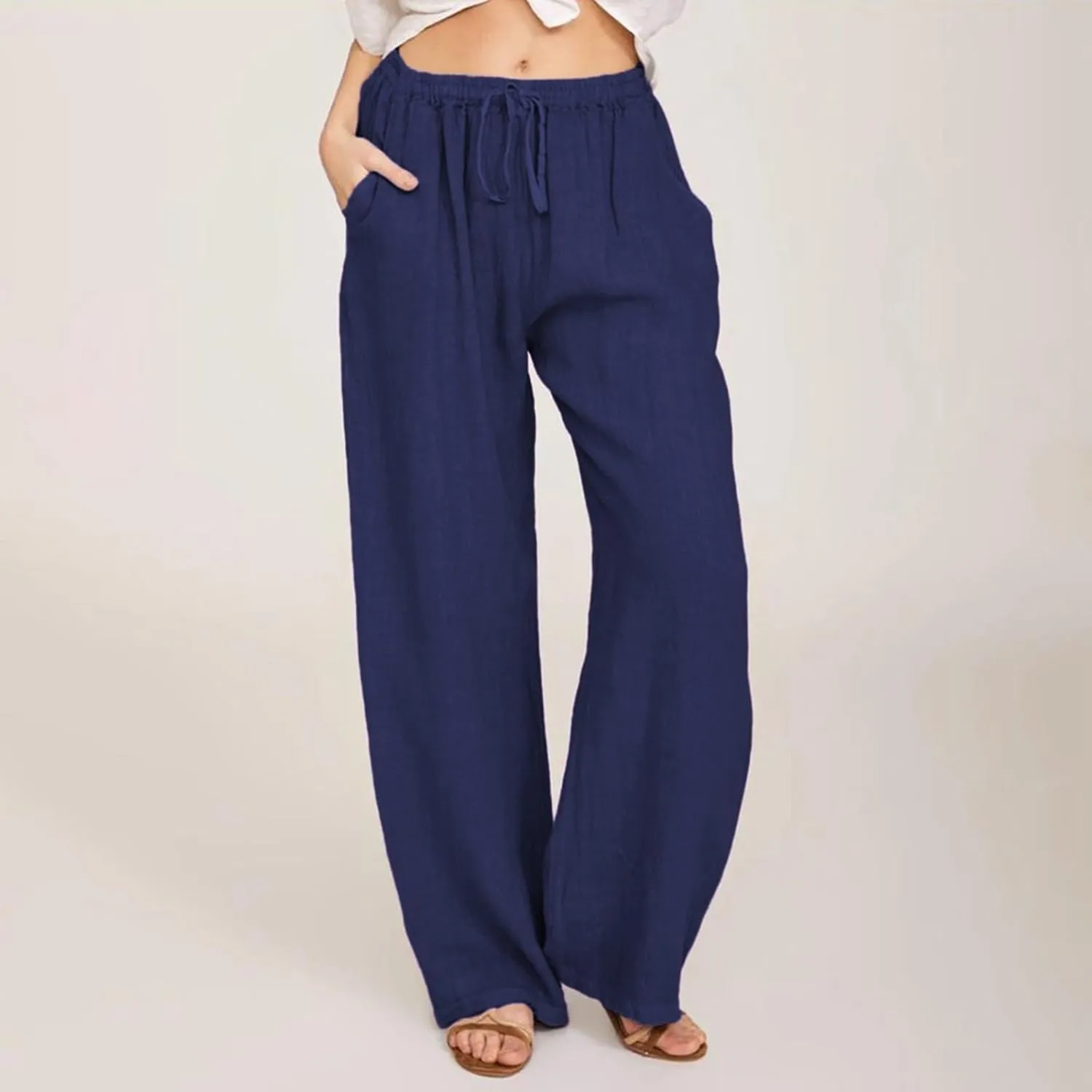 PTOLOCIF Cotton Linen Pants Women,Wide Leg Harem Pants Loose Elastic Waist Palazzo Pants Comfy Lounge Baggy Sweatpants