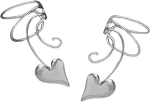 Puffed Heart Pair of Non-pierced Wave Ear Cuff Earring Wraps Rhodium/Sterling Silver