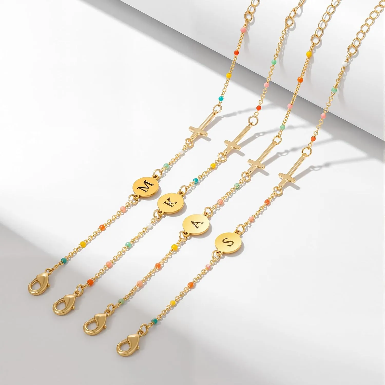 Raicegs Cross Bracelet with Initial 18K Gold Initial Bracelets for Women Teen Colorful Dainty Link Chain Bracelets Christian Gifts for Women Faith Jewelry