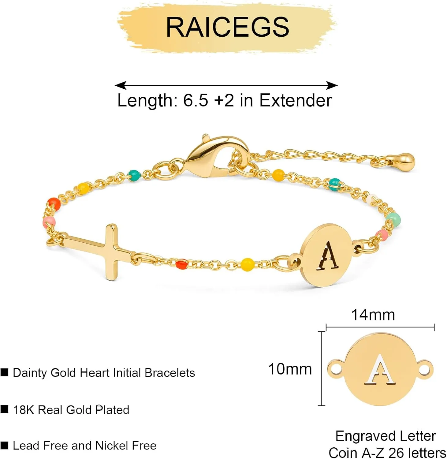 Raicegs Cross Bracelet with Initial 18K Gold Initial Bracelets for Women Teen Colorful Dainty Link Chain Bracelets Christian Gifts for Women Faith Jewelry