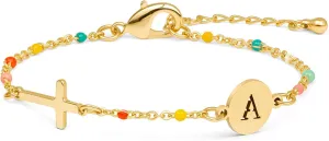 Raicegs Cross Bracelet with Initial 18K Gold Initial Bracelets for Women Teen Colorful Dainty Link Chain Bracelets Christian Gifts for Women Faith Jewelry