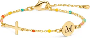 Raicegs Cross Bracelet with Initial 18K Gold Initial Bracelets for Women Teen Colorful Dainty Link Chain Bracelets Christian Gifts for Women Faith Jewelry