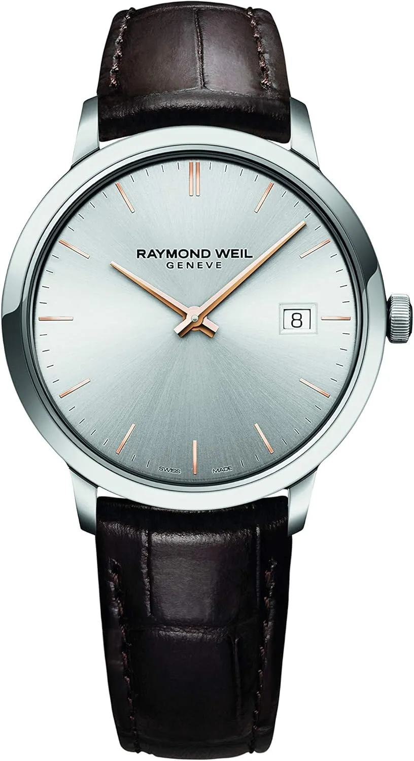 RAYMOND WEIL Toccata Classic Men's Silver Quartz Watch, Stainless Steel, Brown Leather Strap, Silver Dial 39 mm (5485-SL5-65001)