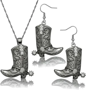 RechicGu Western West Cowgirl Cowboy Texas Boots Earrings Necklace Set, Spur Rodeo Drop Dangle Boots Earrings,Twist Link Chain Necklace with Boot Pendant,Jewelry Set