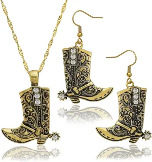 RechicGu Western West Cowgirl Cowboy Texas Boots Earrings Necklace Set, Spur Rodeo Drop Dangle Boots Earrings,Twist Link Chain Necklace with Boot Pendant,Jewelry Set