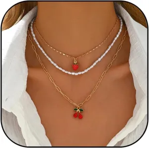 Red Strawberry Necklace for Women Multilayer Fruit Strawberry Cherry Pendant Necklaces Handmade Imitation Pearl Beads Choker Cute Strawberry Charms Party Sweet Jewelry Gift