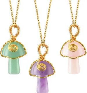 Remerry 3 Pieces Christmas Mushroom Gifts Mushroom Crystal Necklace for Women Pink Crystal Green Jade Amethyst Jewelrys with Adjustable Link Chain for Wedding Party Jewelry Gift